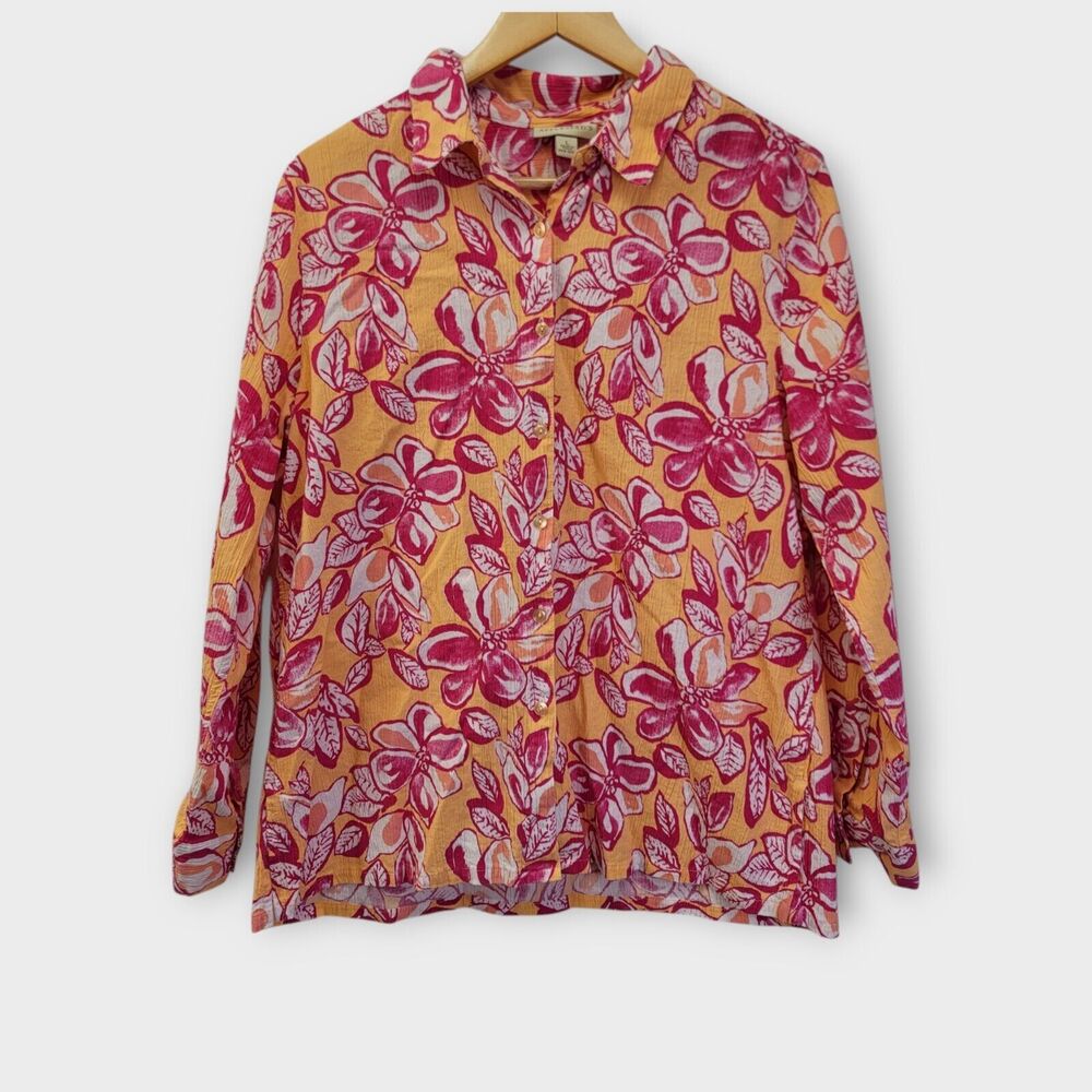 Appleseeds‎ Button Up Top Size Large Pink Orange Tropical Floral Crinkle Cotton
